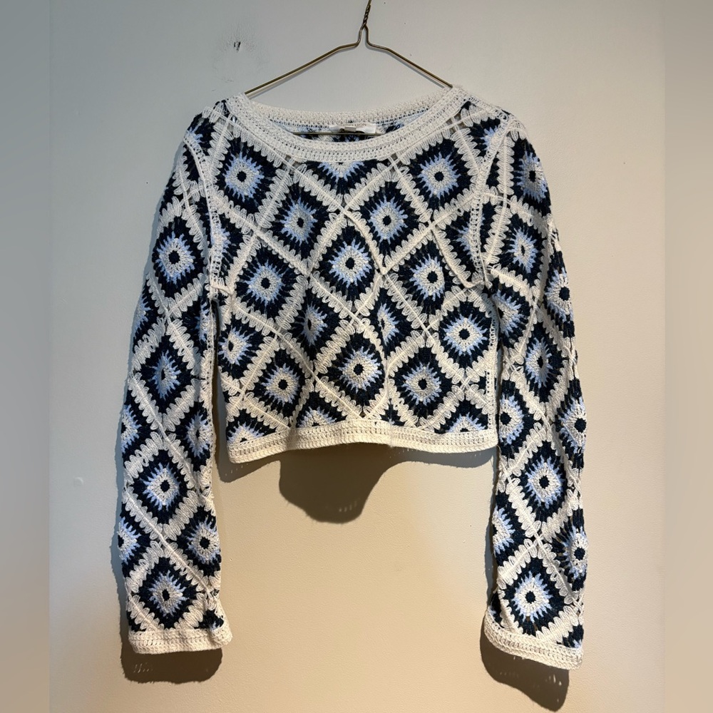 Rebellion Again Evil Eye Geometric Hollow Out Crochet Long Sleeve Cropped Sz XS